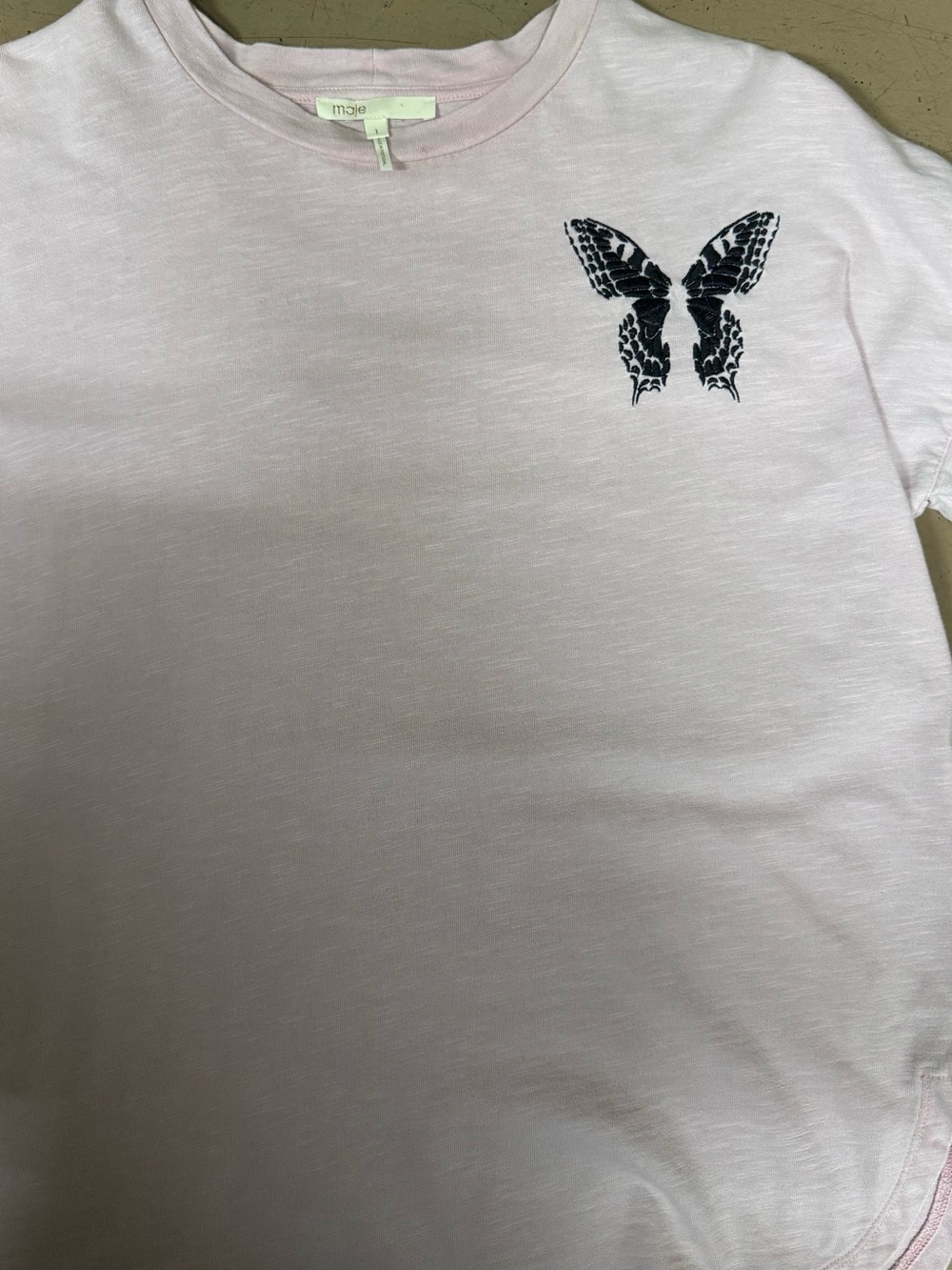 Maje Pale Pink Short Sleeve Tee with Black Butterfly Motif